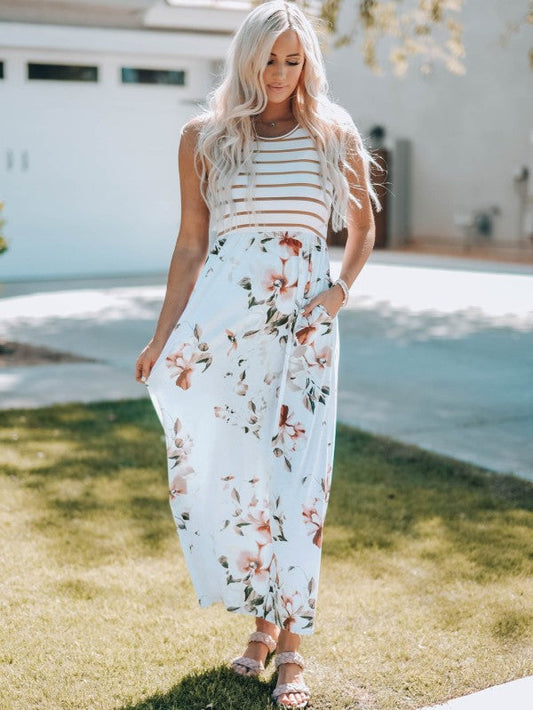 Zora Striped Floral Sleeveless Maxi Dress with Poc