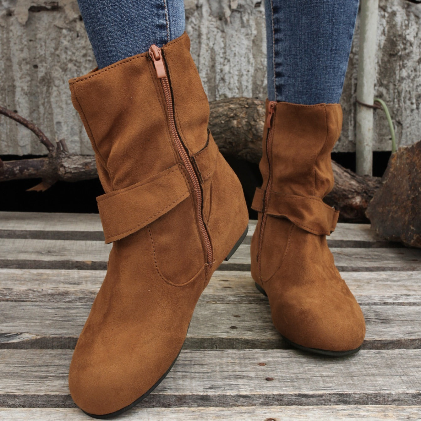 Ankle Boots  Round Toe Buckle Belt Side Zipper Boots