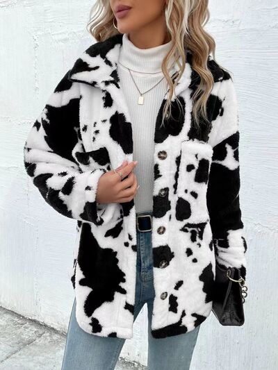 Trendy Black White Cozy Cow Print Collared Neck Button Up Fuzzy Jacket Modern & Warm Outerwear