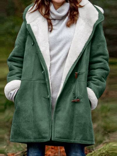 Full Size Pocketed Long Sleeve Hooded Toggle Jacket – Stylish & Functional Outerwear for Women