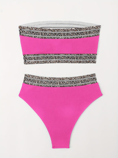 Bikini Leopard Print High Waist Bandeau 2 Piece Swimsuit for Women – Super Stretchy Bikini Set with Seductive Mesh Detail and Flattering Fit – Chic Animal Print Swimwear for Beachwear Poolside and Summer Vacations