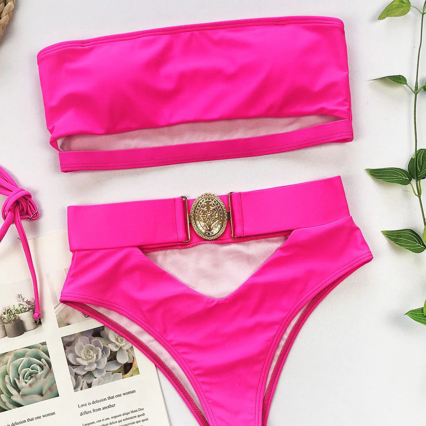 Chic Metal Buckle Strapless Bikini Swimsuit for Women