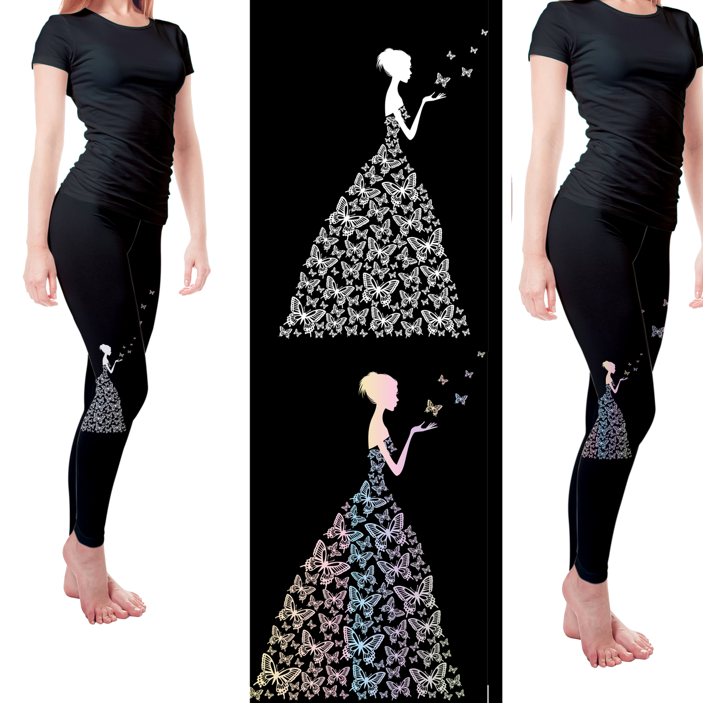 Pastel Black White Butterfly Girl Handmade Leggings with Pockets