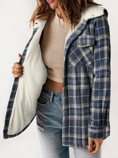 Plaid Snap Down Plush Hooded Jacket Soft & Warm Women Outerwear Cozy And Comfortable Jacket