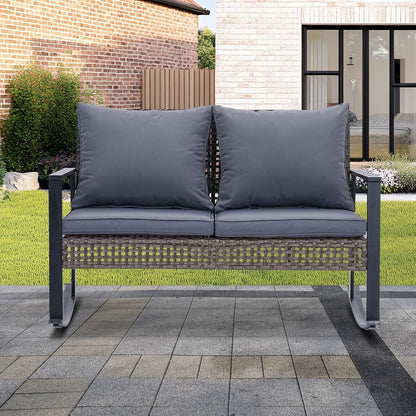 Ainfox Outdoor Patio Furniture Rocking Loveseat, Wicker Rattan Sofa