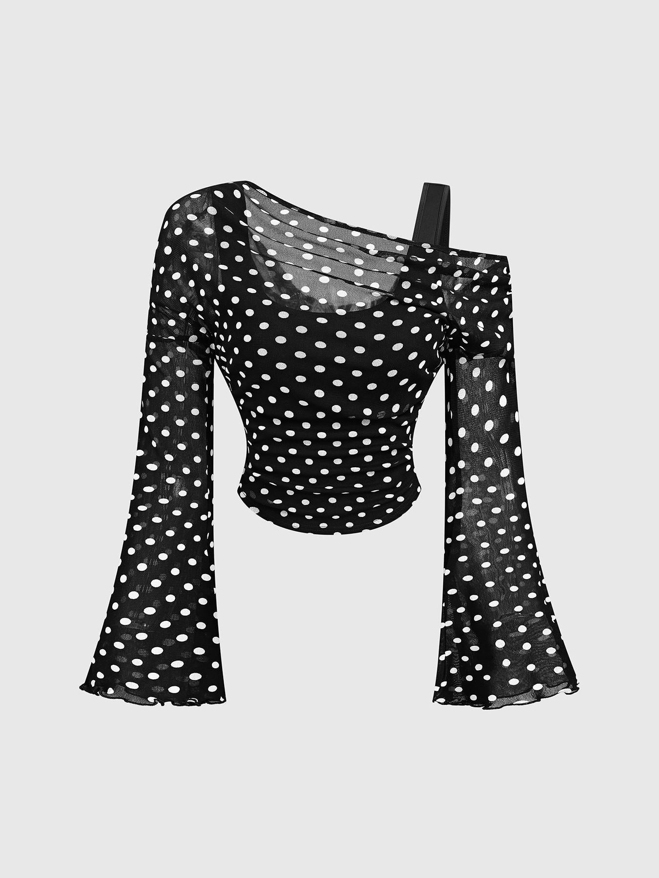 Black polka dot mesh neck pleated long-sleeve top by FitiqueFit, product flat lay view.