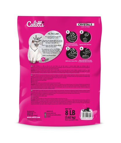 Back of pink 8 lb Calitti silica cat litter bag with four illustrated usage steps and detailed text