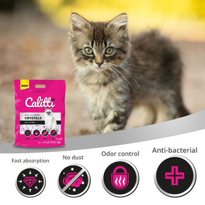 Pink bag of Calitti Crystals Silica Gel Cat Litter shown beside a tabby kitten and benefit badges