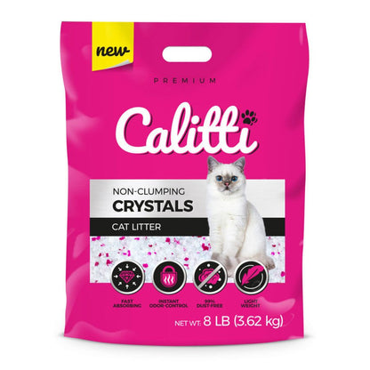 Calitti silica gel cat litter 8 lb bag featuring product benefits icons