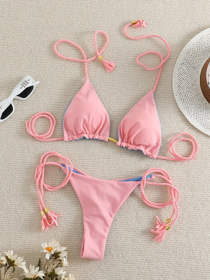 New Festival Flame Halter Bikini Set for Women – Triangle V-Neck Backless Two-Piece Swimsuit with Tie Side Bottoms & Adjustable Lace-Up Fit – Sleek Polyamide Swimwear for Koningsdag/King’s Day & Summer Beach Celebrations