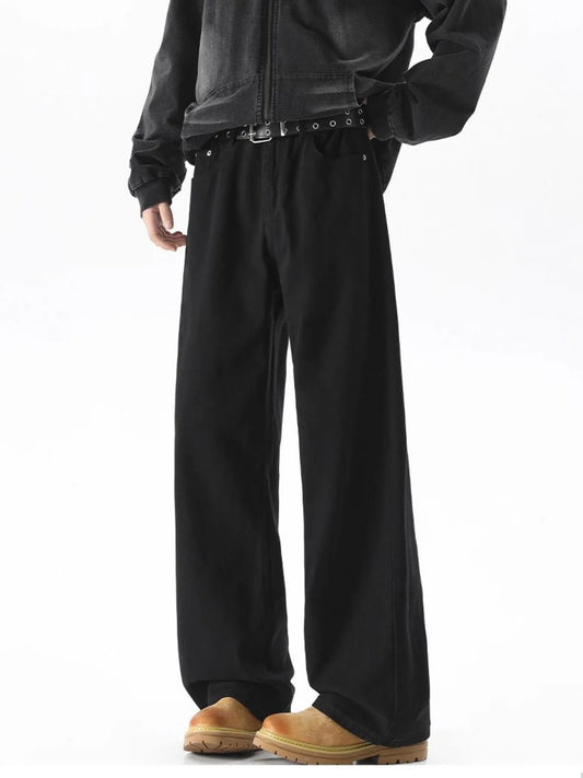Men's plus size wide leg black denim jeans featuring a relaxed fit and long length.