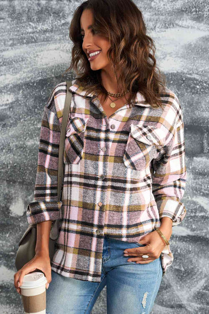 Classic Plaid Button Front Shirt Jacket with Breast Pockets Casual & Minimalist Outerwear