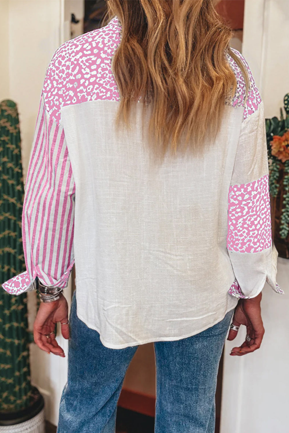 Pink Leopard Striped Patchwork Button-up Shirt