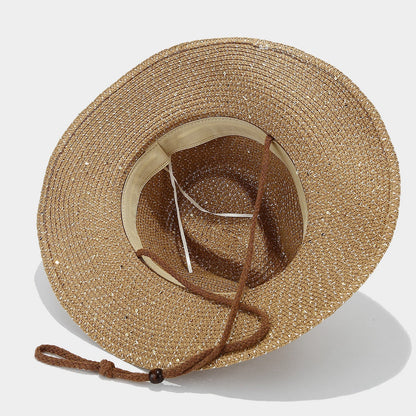 Women's Panama Straw Woven Sun Hat – Windproof Sequin Detail Beach Hat