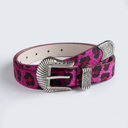 European And American New Retro Carved Imitation Horse Hair Leopard Print Fashion Y2K Dopamine Western Buckle Belt Cross-Border Women's Belt