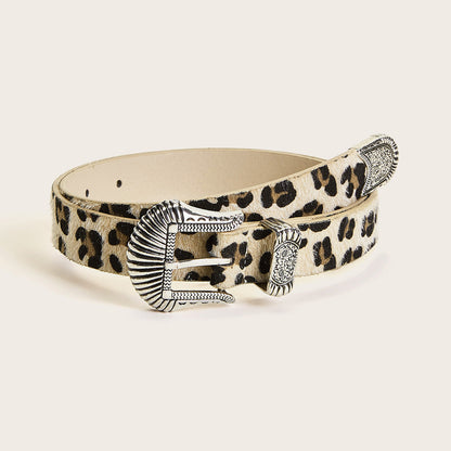 European And American New Retro Carved Imitation Horse Hair Leopard Print Fashion Y2K Dopamine Western Buckle Belt Cross-Border Women's Belt
