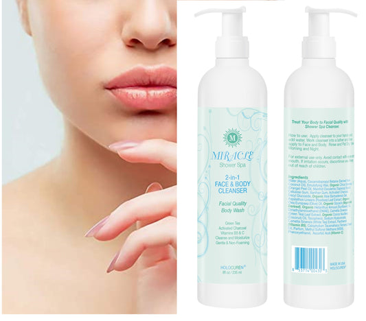 Holocuren Miracle Shower Spa 2-in-1 Face & Body Cleanser – Green Tea & Activated Charcoal, 8 oz