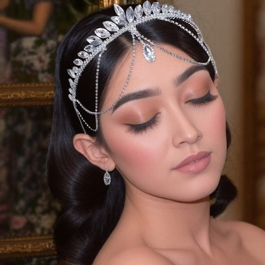 Crystal Tiara Headband with Cascading Forehead Chain (MAC330)
