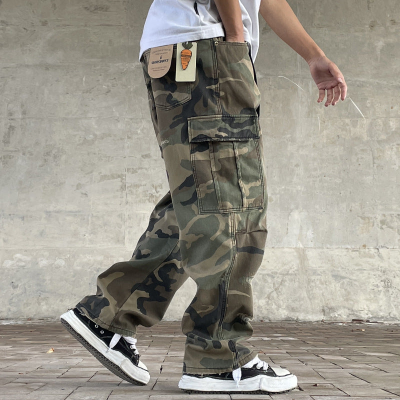 Mens American-style Streetwear Retro Loose Straight-fit Camouflage Work Pants