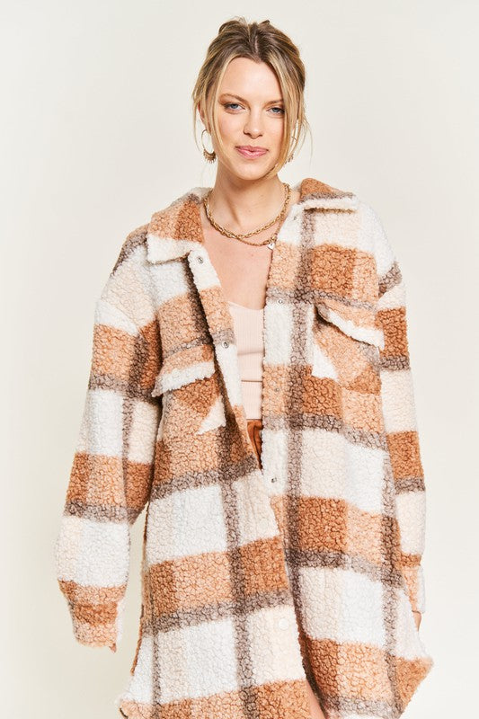 Jade by Jane |Fuzzy Plaid Teddy Jacket PLUS
