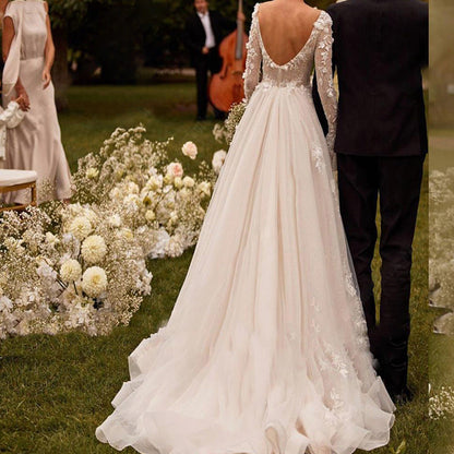 Sexy See-through Wedding Long Sleeve Embroidered Deep V Puffy Wedding Dress