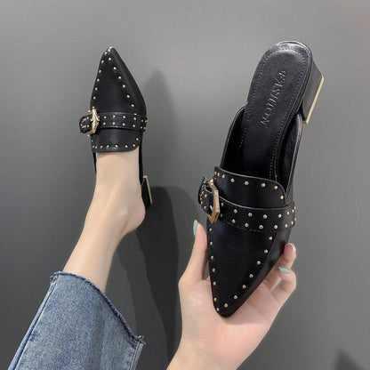 Women's Retro Pointed Toe Mid-Heel Closed-Toe Mules