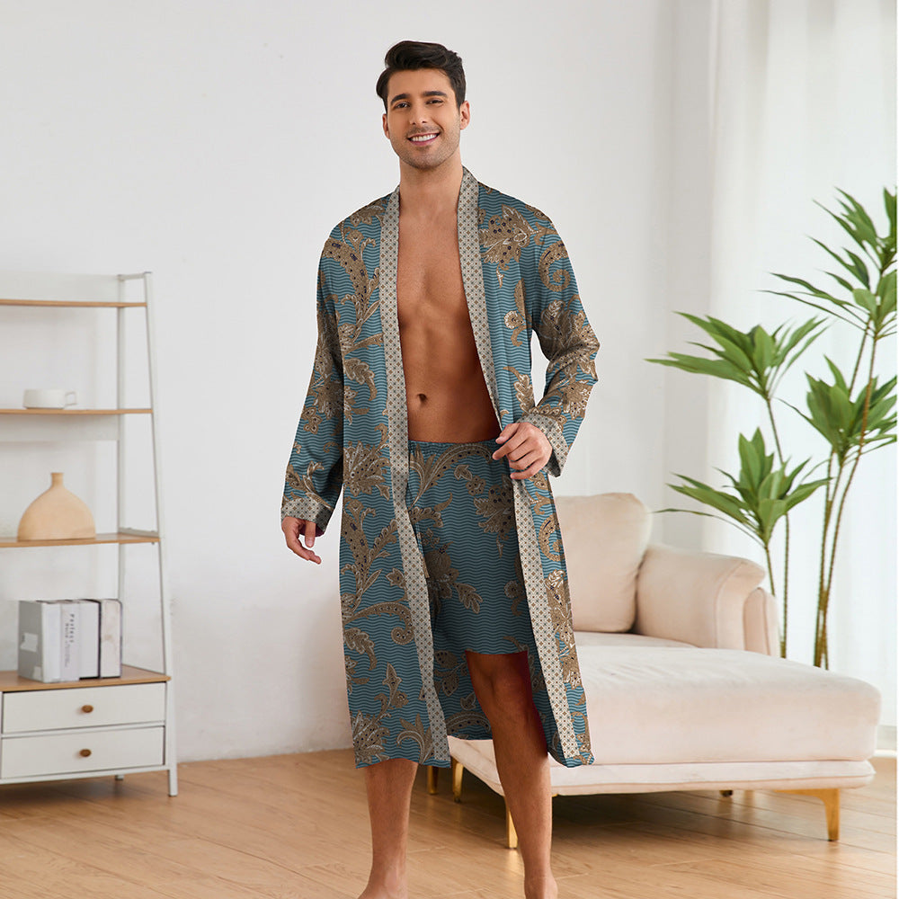 Printing Men's Robes Long Sleeve Shorts Suit