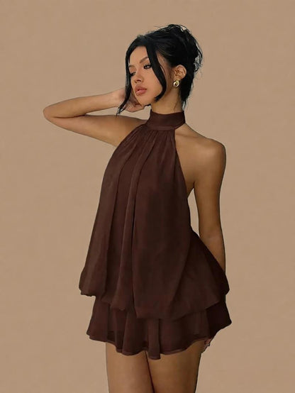 Women's Chiffon Halter Mini Dress – High-Waist Open-Back A-Line Dress