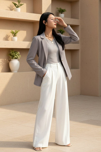 Woman wearing a taupe blazer, white top, and white wide-leg trousers, posing in a professional studio setting with a softbox light visible in the background.