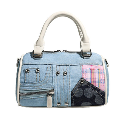 Boston bag women, design splicing pink small tote purse, girl versatile fashion handbag