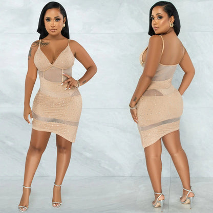 Hot Diamond Irregular Sling Dress for Nightclub Wear