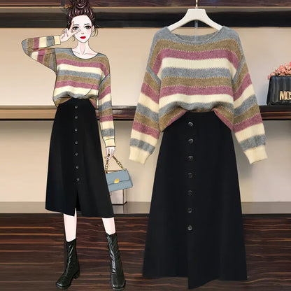 Plus Size Striped Sweater and Skirt Two-Piece Set