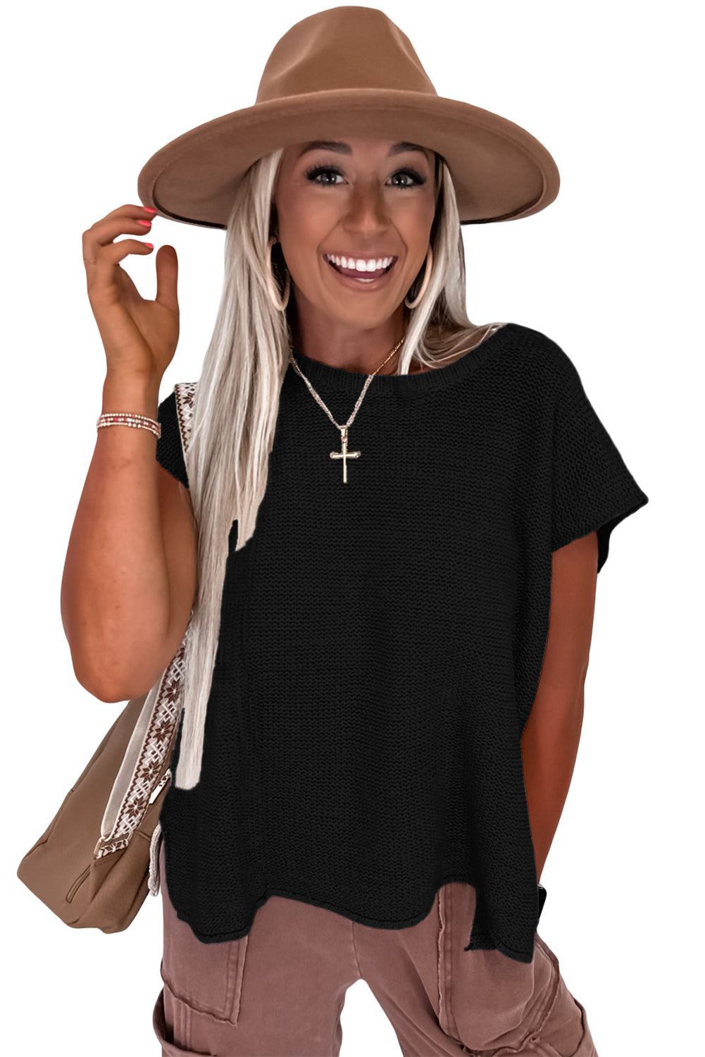 Black Solid Color Sweater Tee with Side Slits