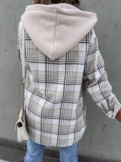 Vintage Retro Style Women Camel Plaid Button Up Jacket with Removable Hood Classic & Cozy Everyday Wear