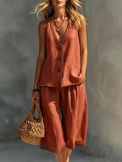 Women's wine red sleeveless buttoned vest and matching cropped wide-leg pants two-piece set featuring contrast trim detailing, modeled outdoors with a woven handbag.