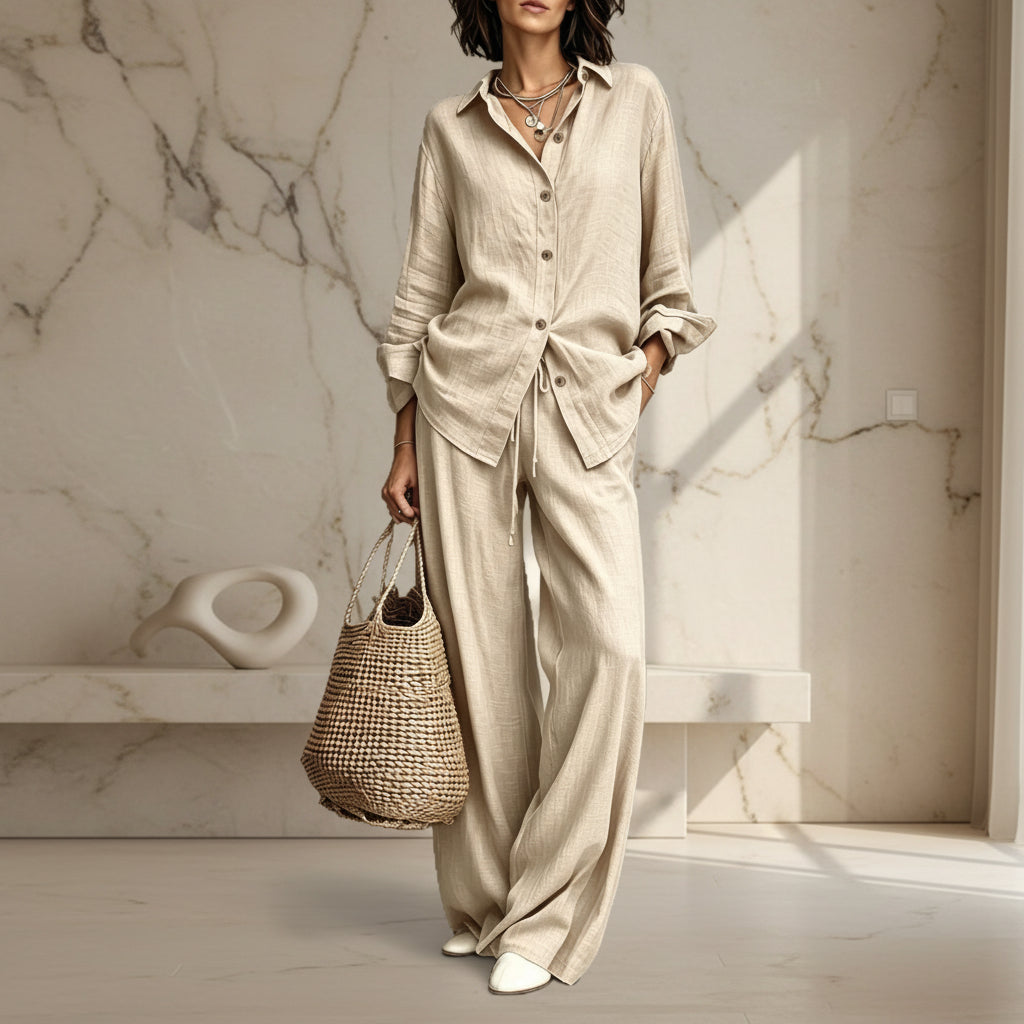 Women's button-down shirt and wide-leg pants set in apricot – full outfit front view showing relaxed casual silhouette and straw bag