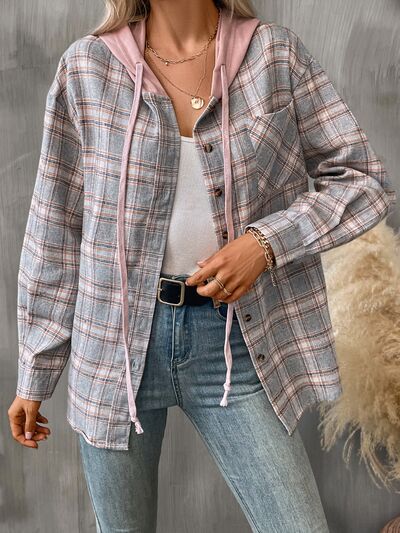 Plaid Buttoned Long Sleeve Hooded Jacket for Women – Cozy & Stylish Cotton-Blend Outerwear