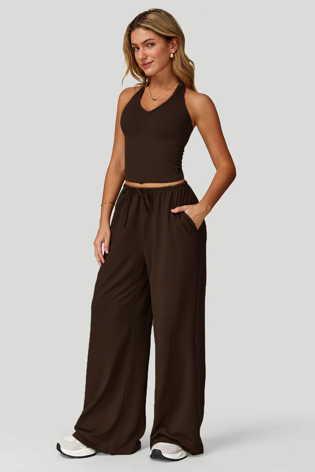 Women's sporty crop tank and wide-leg pants set in brown, full outfit front view showing V-neck crop top and wide-leg silhouette
