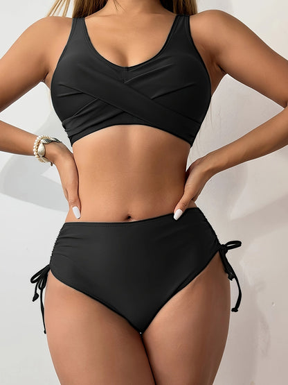 Bikini Twist Front V Neck High Waist 2 Piece Bikini Set for Women – Stretchy Tie Back Swimsuit with Drawstring Lace Up and Comfortable Fit – Trendy Solid Color Swimwear for Beach Days Pool Parties and Summer Vacations