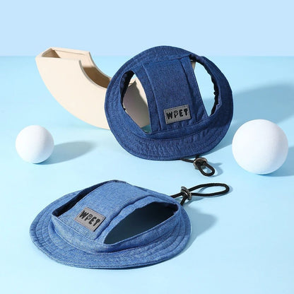 Pet Hat With Ear Holes For Medium Small Dogs Adjustable Summer Pets Dog Outdoor Sun Cap Cat Puppy Denim Color Canvas Visor Caps