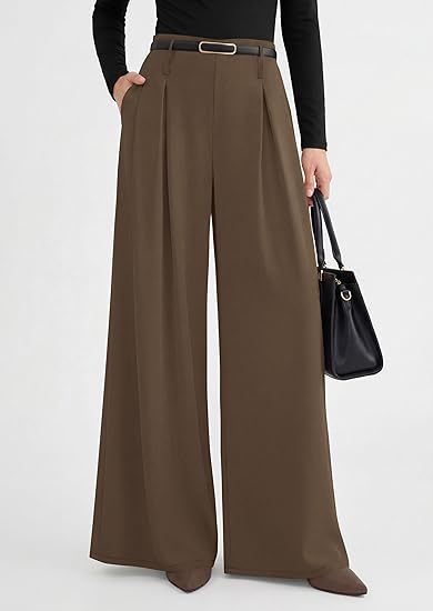 Women's pleated wide-leg trousers in warm brown featuring a slimming drape silhouette, structured front pleats, and an adjustable belted waist.
