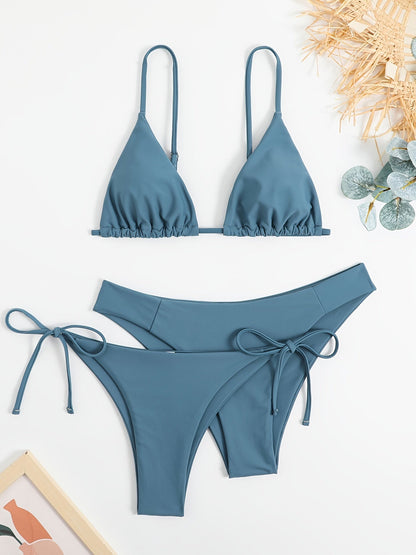 Essential Edge 3-Piece Bikini Set for Women – Solid Color High-Cut Triangle Top Two-Style Bottoms with Side Lace-Up Design & Quick-Drying Comfort – Versatile Women's Swimwear for Summer Pool Beach & Travel