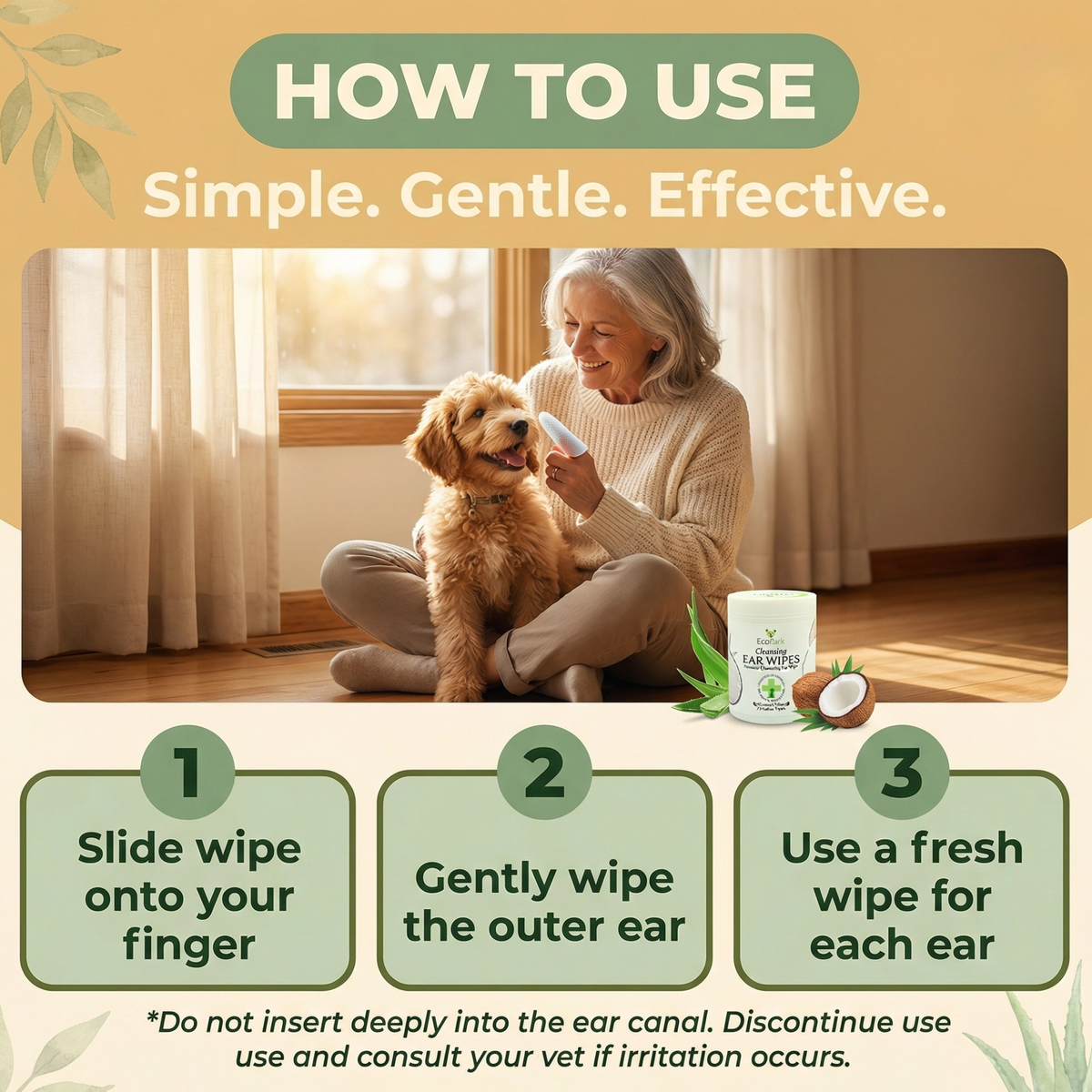 Natural Dog Ear Finger Wipes | EcoBark Coconut Cleansing Ear Wipes for dogs (50 Count)
