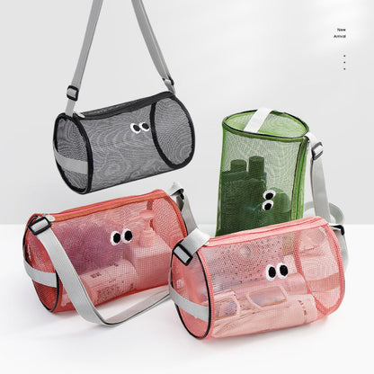 Big eye mesh cylinder bag, breathable leisure travel crossbody bag mesh, portable crossbody beach bag, swimming wash storage bag