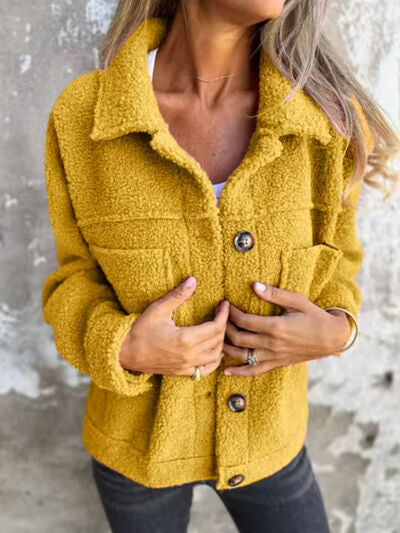 Comfortable Modern Women Full Size Fuzzy Button-Up Jacket with Drop Shoulder and Pockets