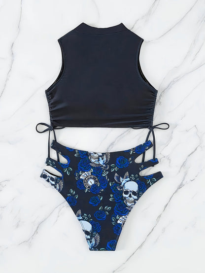Bikini Skull Print Hollow-Out 2 Piece Swimsuit for Women – Sexy Lace-Up Floral Tie Bathing Suit with Crew Neck – High Stretch Halloween Inspired Bikini Set for Beach Party, Festival, and Summer Vacation