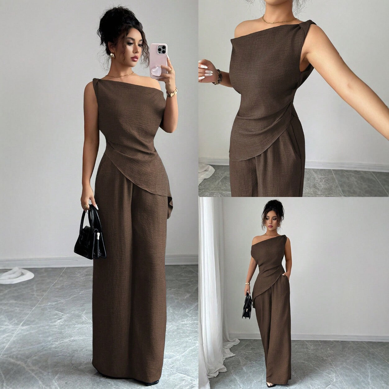 Woman wearing a dark brown casual two-piece set featuring a draped off-the-shoulder top with a layered cross-body fold and matching high-waisted wide-leg pants, carrying a black handbag.