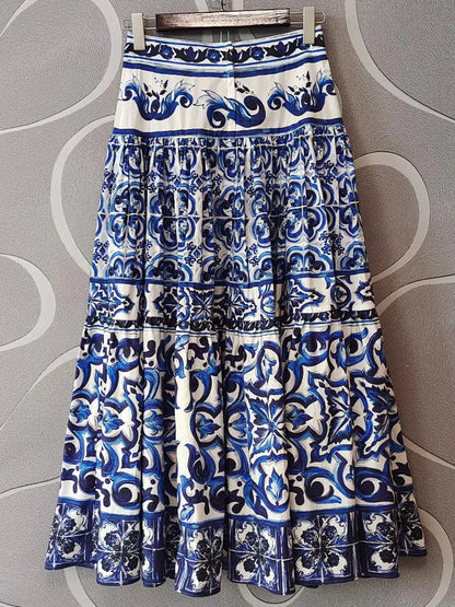 Navy Blue Floral Print Cotton Short Skirt for Women