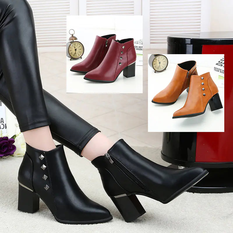 Rivet Chunky Heels with Pointed Toe, European Style