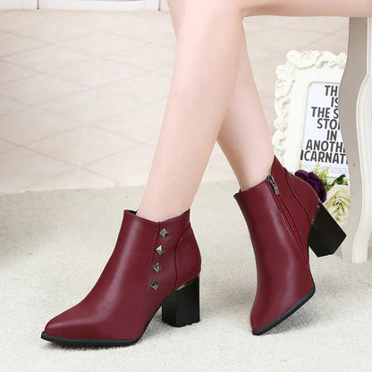 Rivet Chunky Heels with Pointed Toe, European Style